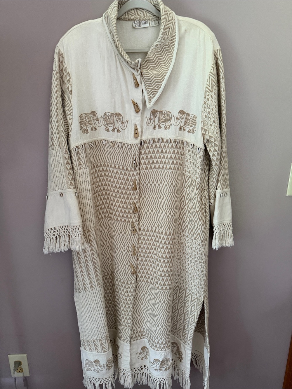 Embroidered Elephant Maxi Dress Coat in Cream and Tan
